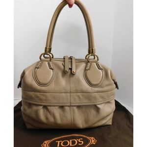 Tod's Italy Khaki Beige Pebble Grain Leather Large Satchel Bag